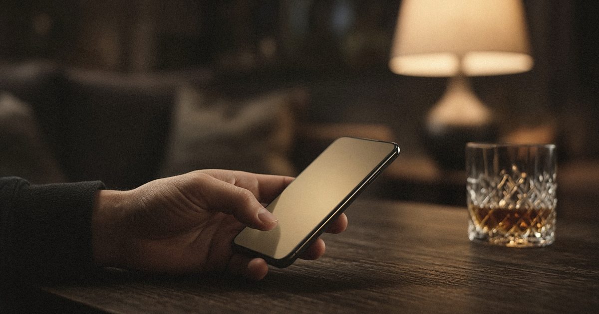 A man's hand holding a phone beside a glass of whiskey under a lamp at night