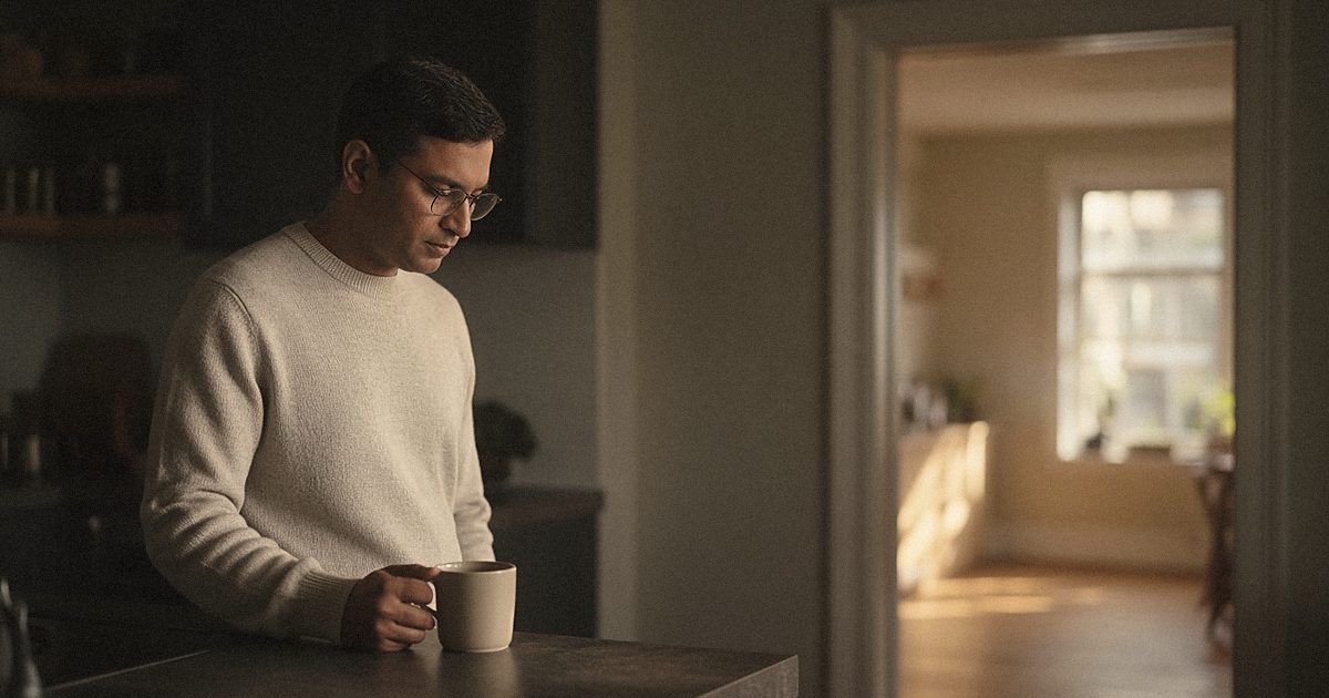 A man sitting alone at a kitchen table with a mug of coffee