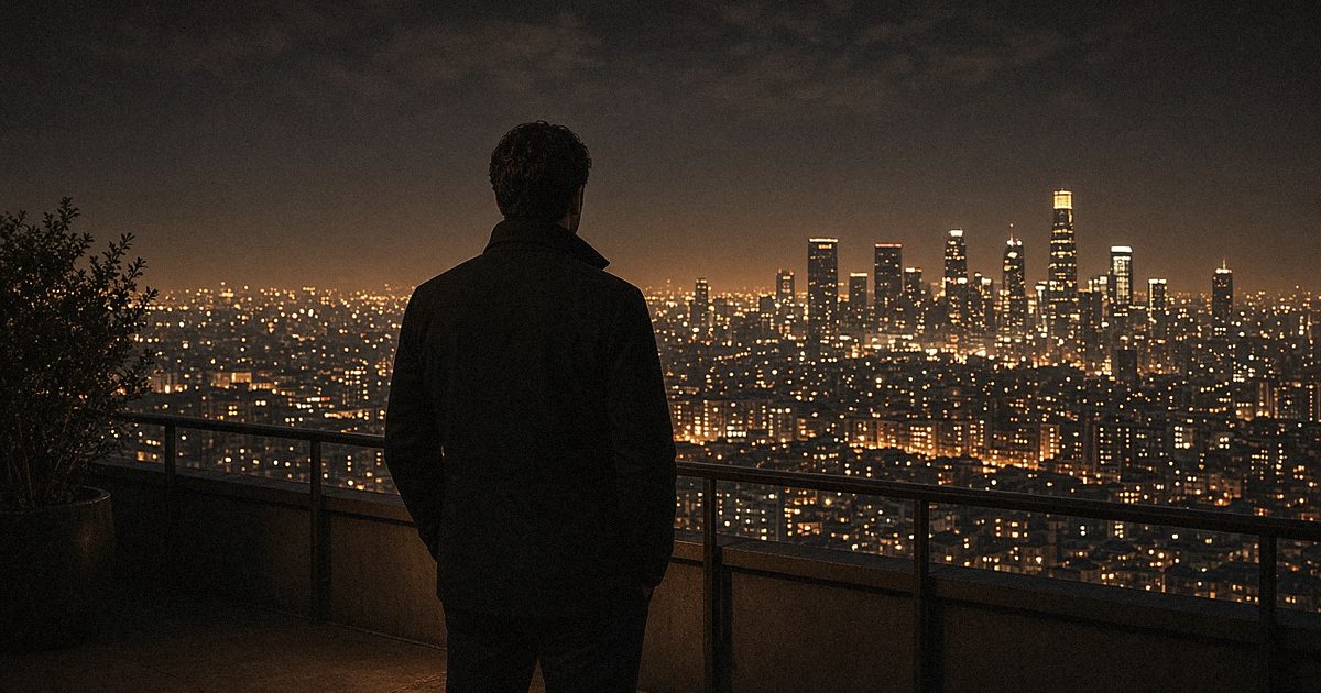 A man on a balcony at night looking out over city lights
