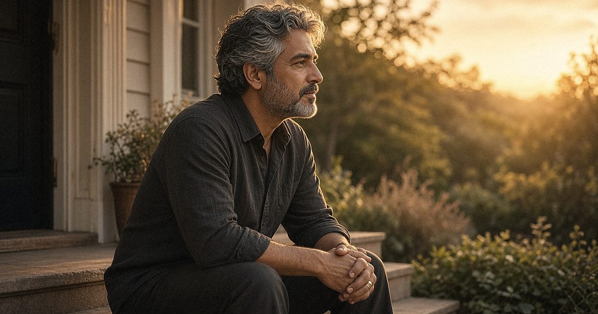 A man sitting on his porch at sunset