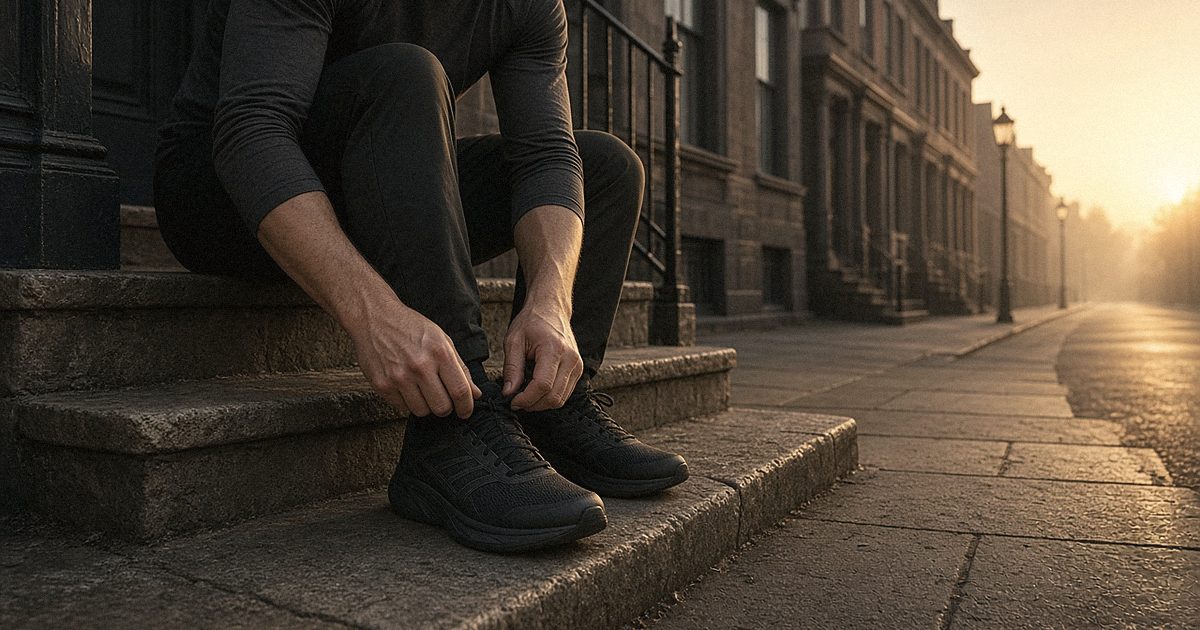A man lacing his running shoes on a front step at sunrise