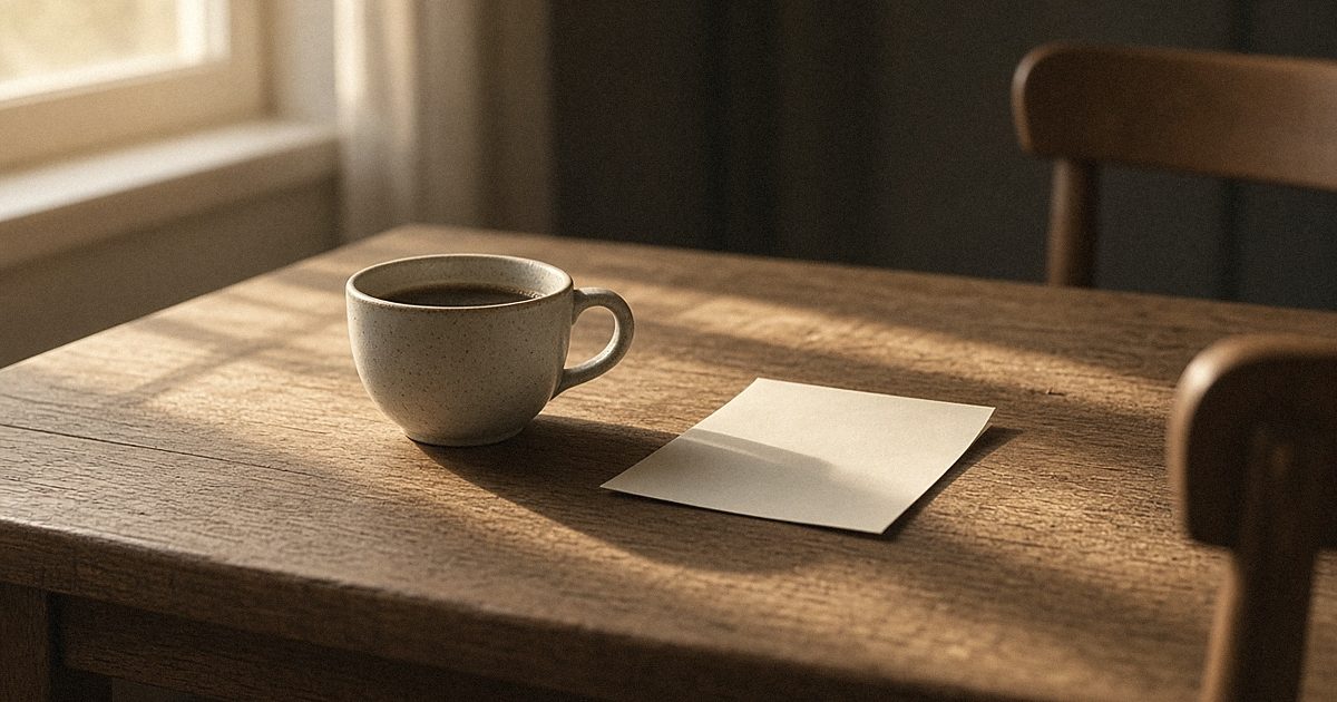 A cup of coffee and a folded note on a wooden table in morning light