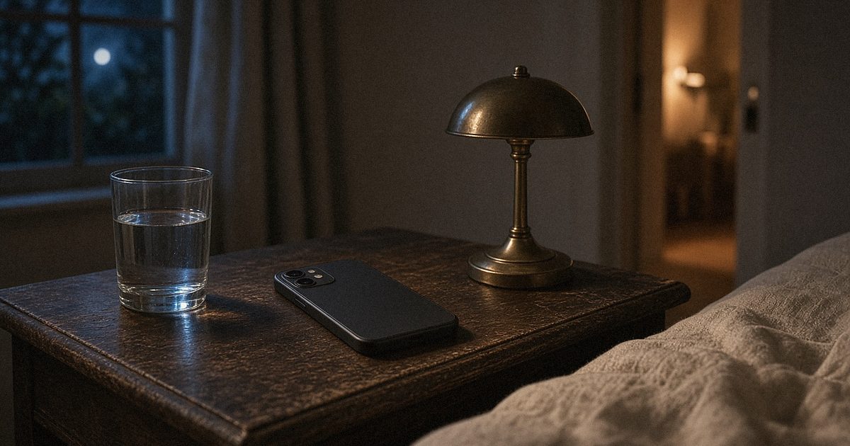 A phone and a glass of water on a bedside table at night