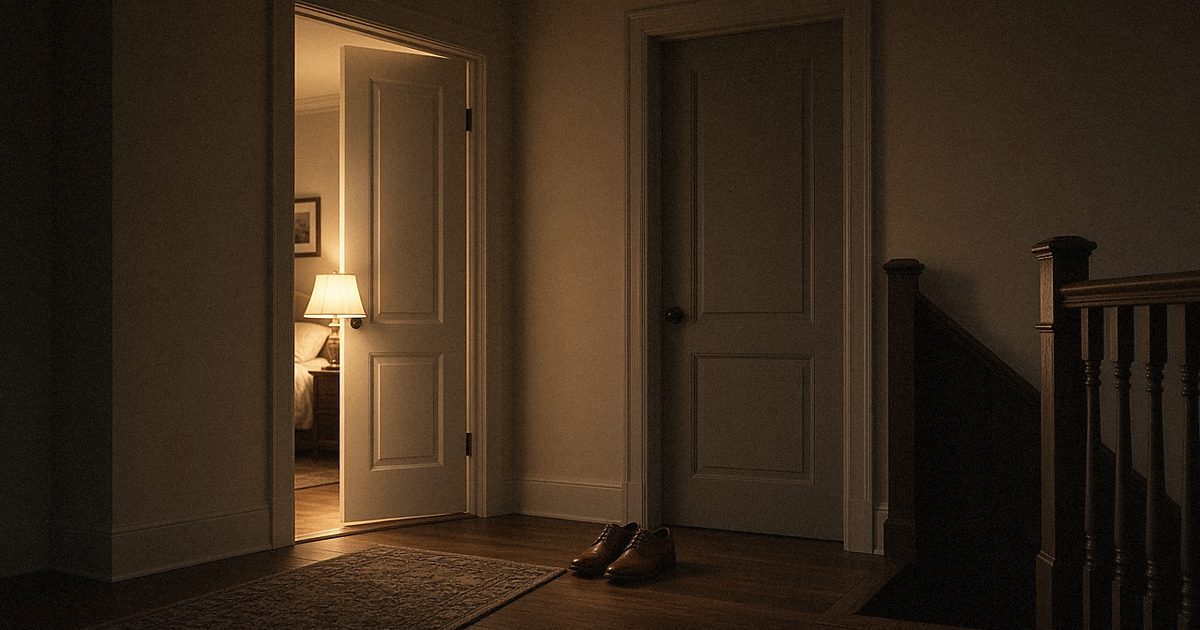 A hallway with two doors open onto separate lit rooms