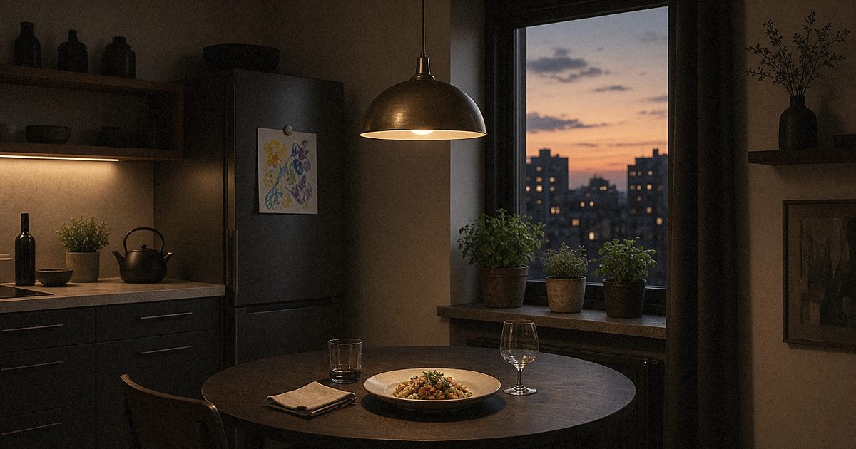 A small kitchen table set for one at dusk