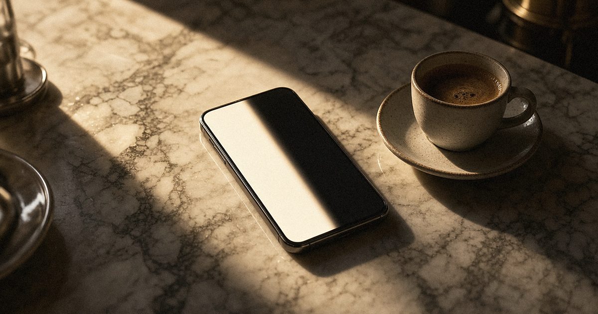 A phone lying screen up beside a cup of coffee on a marble table