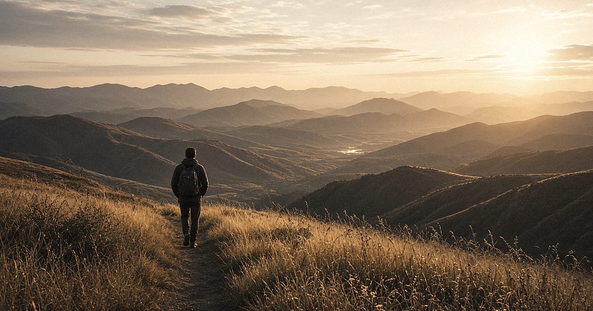 A man walking along a hillside path at sunrise