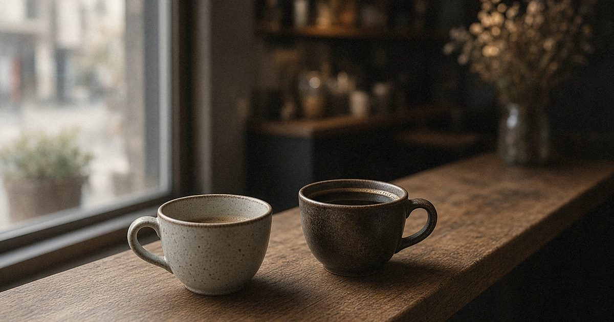 Two coffee cups on a café counter by a window